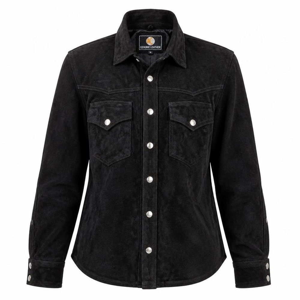 Vtg 80s Suede Leather Western Shirt Jacket Womens M Black Shoulder Pads Snaps